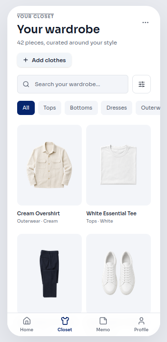 Product preview of the Digital Closet screen with saved wardrobe pieces