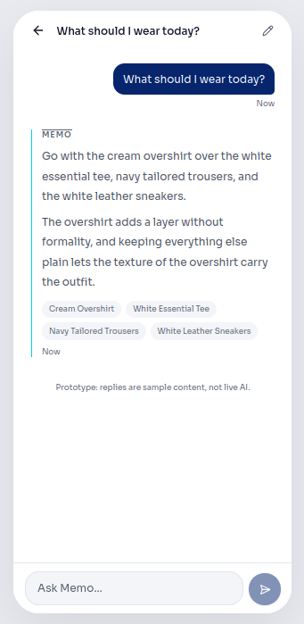 Product preview of the Memo chat screen with sample styling advice