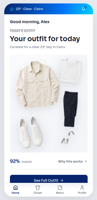 Product preview of the Today's Outfit screen with a curated outfit