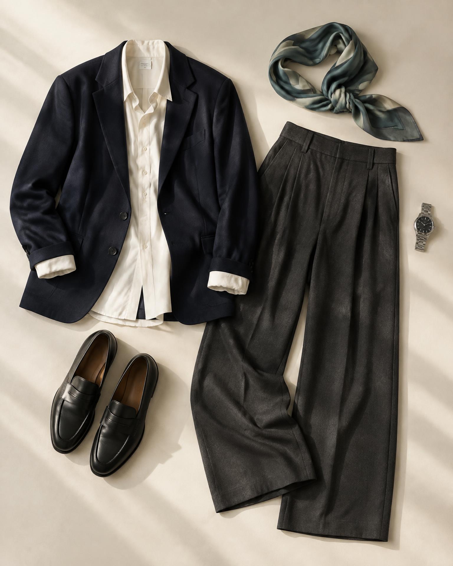 A coordinated outfit styled from those same navy, ivory, and teal pieces