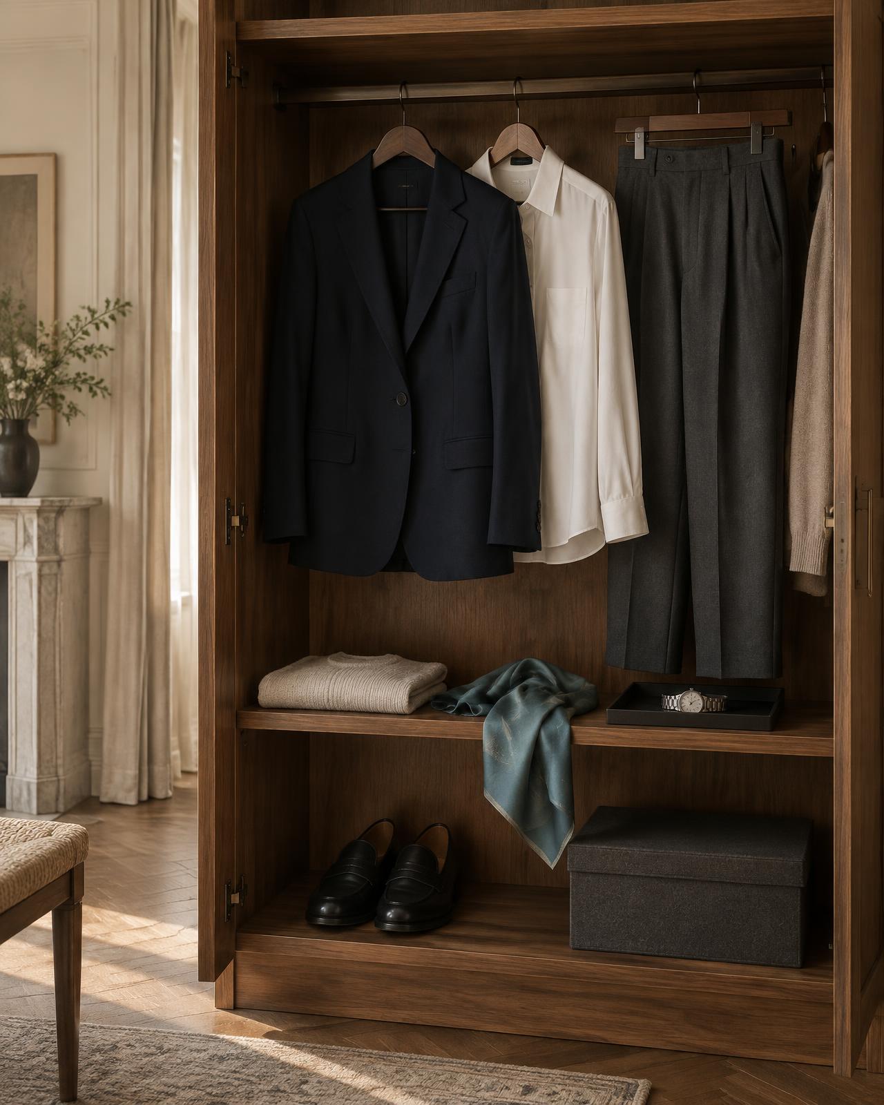 The user's navy blazer, ivory shirt, charcoal trousers, teal scarf, black loafers, and silver watch in their wardrobe
