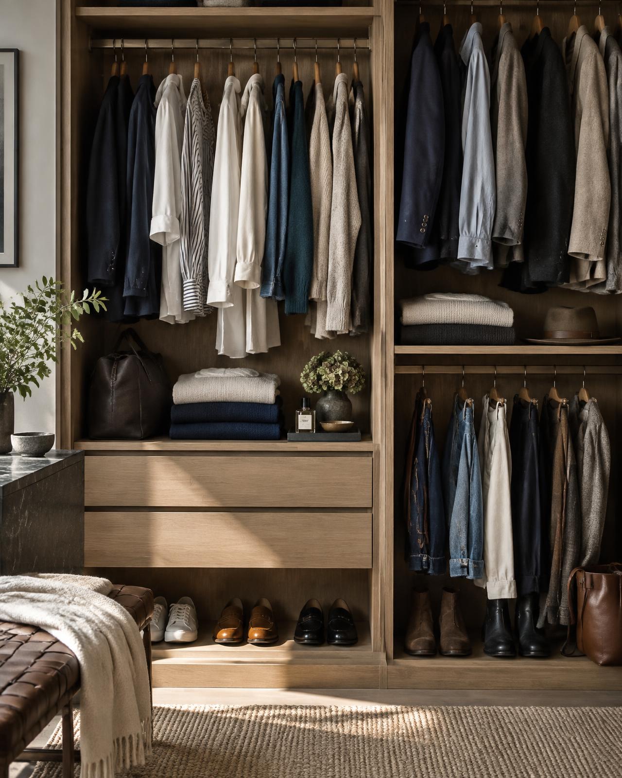 An organized wardrobe of familiar, versatile clothes